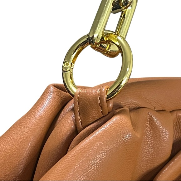 Ruched Gold Chain Brown Faux Leather Bag Clutch Closure Shoulder Bag Classic Bag - Picture 6 of 8